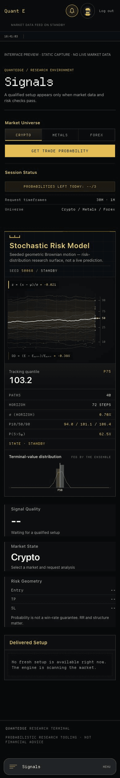 QuantEdge phone terminal in dark mode, with responsive controls and readable risk and freshness context